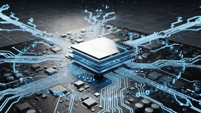 Advanced microprocessor animation with semiconductor circuit technology, AI data processing and high speed digital computing, futuristic electronic hardware background video