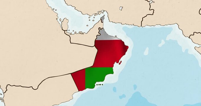 Motion graphic video of the oman flag waving inside the country on a world map
