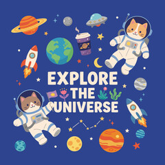 Naklejka premium Two adventurous cats in astronaut suits float through space, surrounded by planets and stars, embodying curiosity and a thirst for exploration in a fun, colorful design.