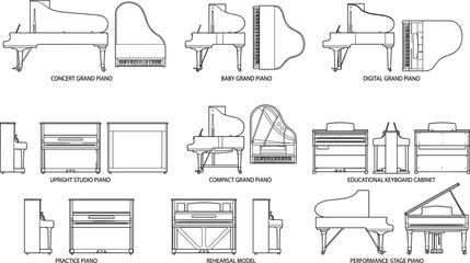 Piano Types Outline Collection with Grand Upright Digital and Educational Keyboard Instrument Vector Illustration Set © SHOJEB