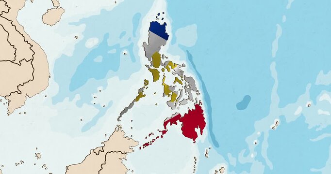 Motion graphic video of the philippines flag waving inside the country on a world map