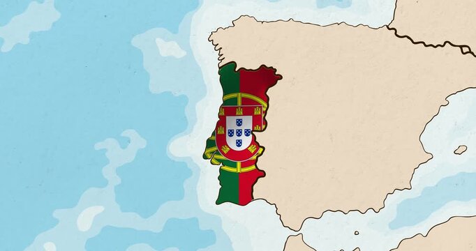 Motion graphic video of the portugal flag waving inside the country on a world map