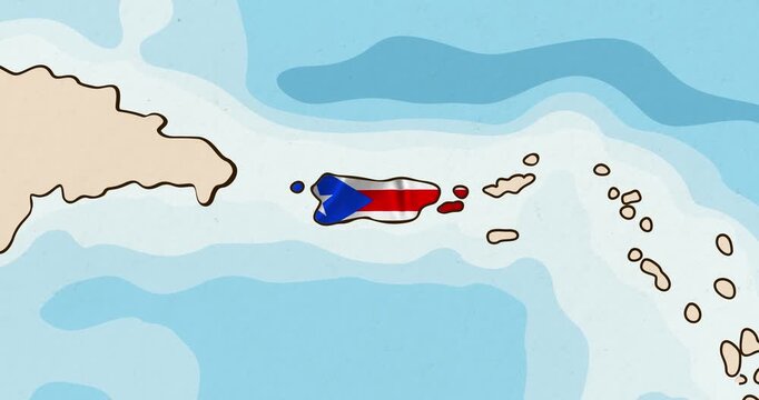 Motion graphic video of the puerto rico flag waving inside the country on a world map