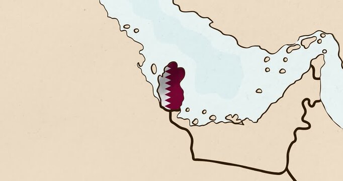 Motion graphic video of the qatar flag waving inside the country on a world map
