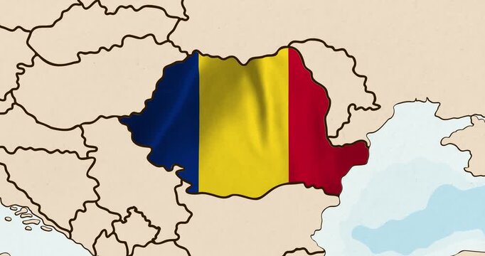 Motion graphic video of the romania flag waving inside the country on a world map
