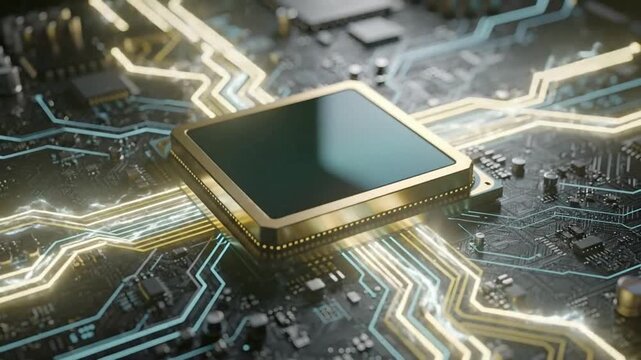 Advanced semiconductor processor animation with digital circuit technology, AI computing and high speed microchip data processing, futuristic electronic hardware background video