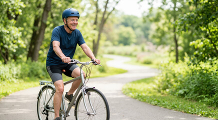Obraz premium Cheerful elderly man riding a bicycle in a green park. Senior male wearing a helmet enjoying an active outdoor lifestyle. Fitness and recreation concept