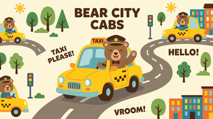 Naklejka premium This whimsical illustration depicts adorable bear characters driving yellow taxis, set against a playful city backdrop, perfect for children's themes or playful projects.