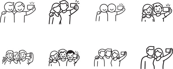 Obraz premium Two people taking a selfie thin line icon. Editable stroke vector EPS for social media friendship.