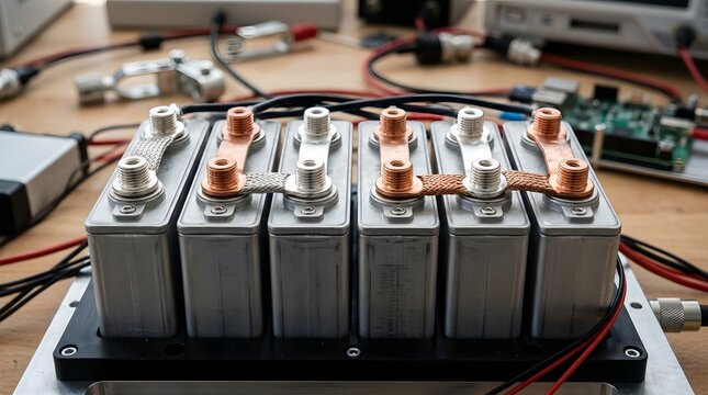 Industrial prismatic lithium battery cells connected with high quality copper busbars for advanced energy storage and electric vehicle power systems