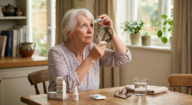 Senior woman applying eye drops using a hand mirror at home. Elderly female patient administering daily medication for glaucoma treatment or dry eye relief