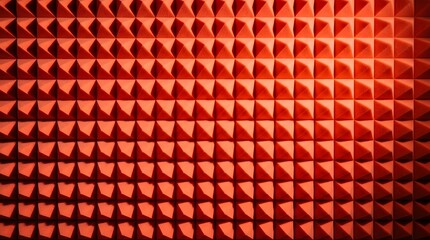 Fototapeta premium Vibrant red acoustic foam panels featuring a repeating geometric pyramid pattern captured with soft side lighting and sharp macro focus.