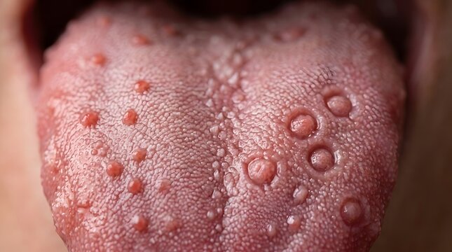 Close up of a human tongue showing enlarged papillae and small red bumps