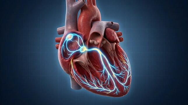 Human Heart Anatomy With Electrical Conduction System Glowing Blue