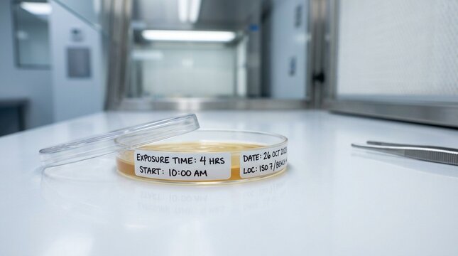 Environmental monitoring agar settle plate placed on a clean room bench with exposure time labels during a viable particle test &ndash; Medical Laboratory Stock Photo, No People