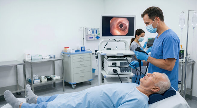 Elderly patient undergoing bronchoscopy procedure in hospital. Pulmonology diagnostic exam