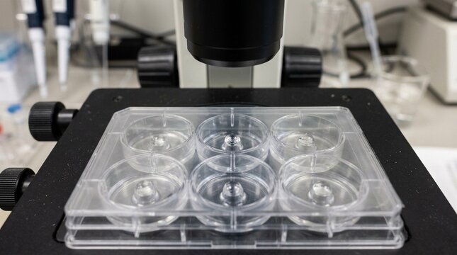 Protein crystallography tray with sitting-drop vapour diffusion wells sealed with clear tape under a stereomicroscope &ndash; Medical Laboratory Stock Photo, No People
