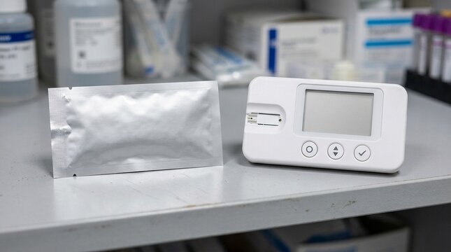 Prothrombin time PT test strip in sealed foil packaging beside an INR meter on a haematology point-of-care shelf &ndash; Medical Laboratory Stock Photo, No People