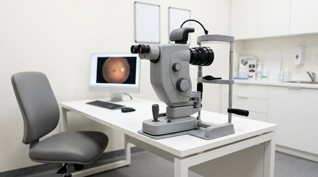 Retinal fundus camera positioned for ocular endpoint imaging in an ophthalmology clinical trial examination room &ndash; Medical Laboratory Stock Photo, No People