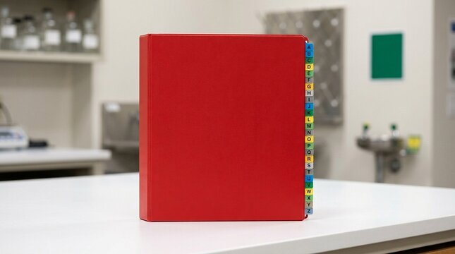 Safety data sheet SDS binder with alphabetised chemical tabs on a laboratory safety station &ndash; Medical Laboratory Stock Photo, No People
