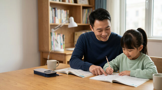 Chinese father helping his young daughter with homework at home. Parent supporting child education