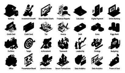 Obraz premium Set of Isometric Business and Finance Icons with Graphs, Charts, Money, Goals and Analytics Vector Illustration