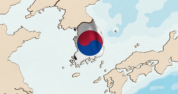 Motion graphic video of the south korea flag waving inside the country on a world map