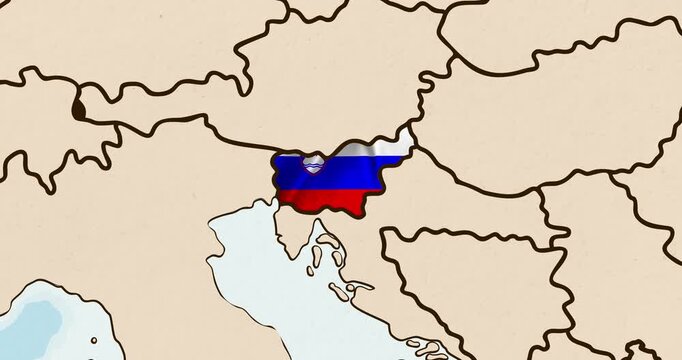 Motion graphic video of the slovenia flag waving inside the country on a world map