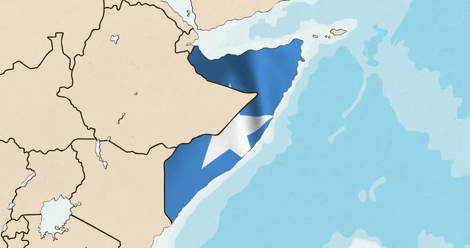 Motion graphic video of the somalia flag waving inside the country on a world map