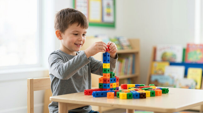 Smiling young boy building a tower with colorful plastic cubes at a classroom desk. Happy preschool student playing with educational math manipulatives. Early childhood learning and development