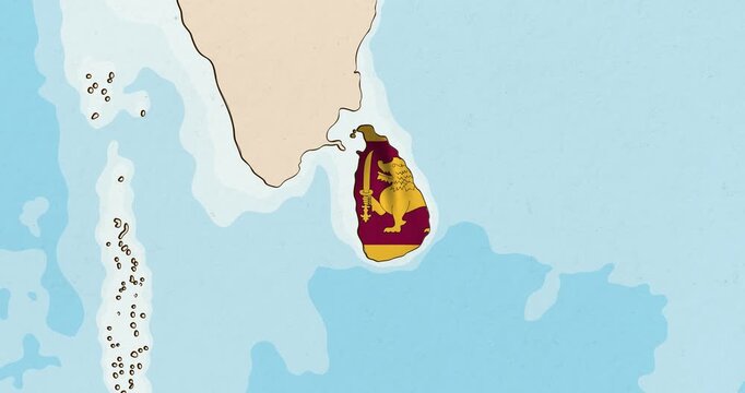Motion graphic video of the sri lanka flag waving inside the country on a world map