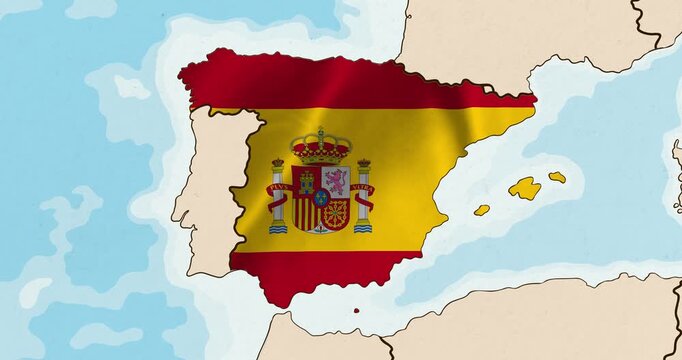 Motion graphic video of the spain flag waving inside the country on a world map