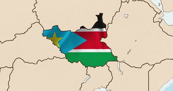 Motion graphic video of the south sudan flag waving inside the country on a world map