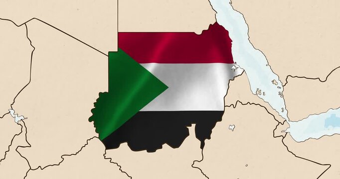 Motion graphic video of the sudan flag waving inside the country on a world map