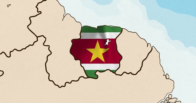 Motion graphic video of the suriname flag waving inside the country on a world map
