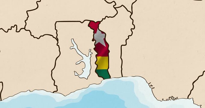 Motion graphic video of the togo flag waving inside the country on a world map