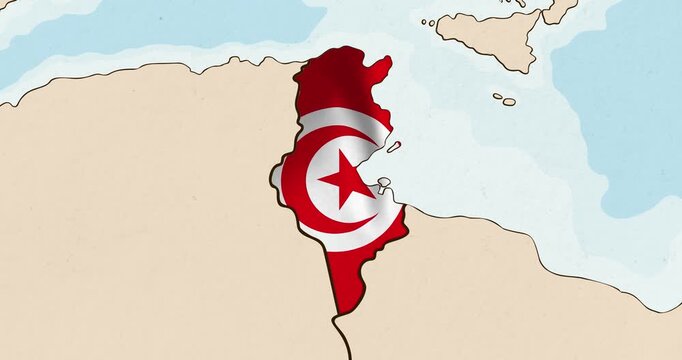 Motion graphic video of the tunisia flag waving inside the country on a world map