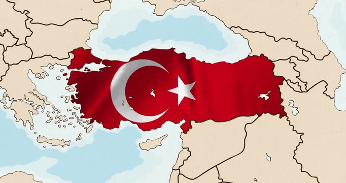 Motion graphic video of the turkey flag waving inside the country on a world map