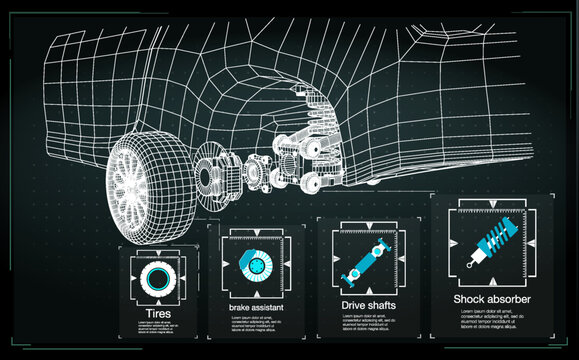 Detailed diagram of car suspension showing parts like tires, brake assistant, drive shafts, and shock absorber