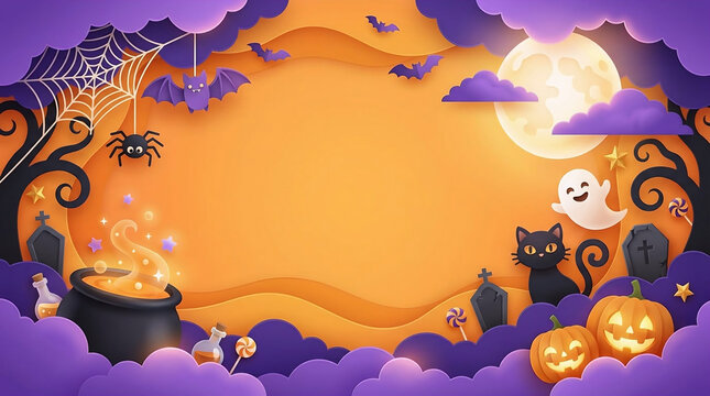 Halloween night scene with flying bats, black cats, pumpkins and full moon in spooky fantasy illustration
