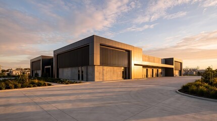 Naklejka premium Data Center Building at Golden Hour With a Long Concrete and Metal Facade and Landscaped Forecourt Under a Warm Sunset Sky Cloud Computing Facility