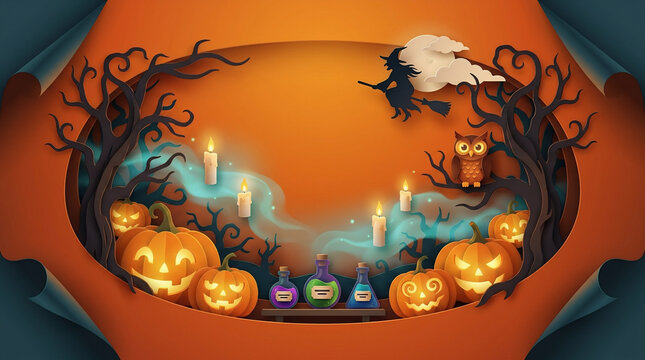 Halloween pumpkin carving display with candles and spooky decorations in dark setting