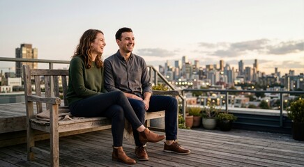 Fototapeta premium Happy couple sitting on a rooftop bench looking at the city skyline. Man and woman enjoying an urban sunset view together. Outdoor dating lifestyle
