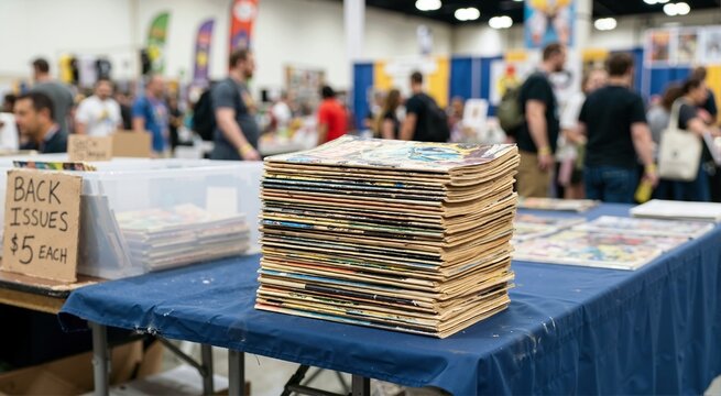 Tall stack of vintage comic books on a blue table at a convention. Back issues for sale sign with blurred crowd in the background. Pop culture collector event