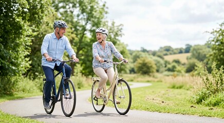 Fototapeta premium Active senior couple cycling on a paved park path. Happy elderly man and woman riding bicycles outdoors