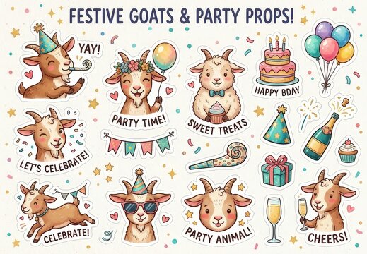 Illustrated sticker sheet of festive goats and party props. Cute cartoon animals celebrating with balloons cake gifts and champagne for birthday or holiday