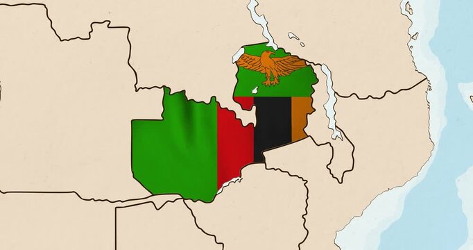 Motion graphic video of the zambia flag waving inside the country on a world map