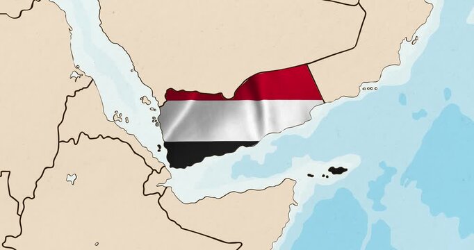 Motion graphic video of the yemen flag waving inside the country on a world map