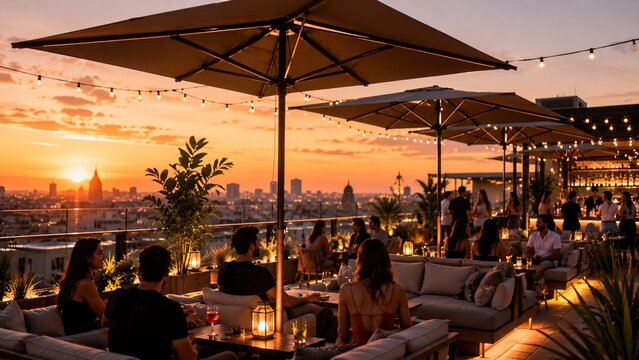 Crowded rooftop terrace bar overlooking the city at golden hour sunset