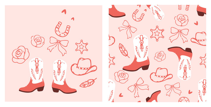 Cute western cowboy boots seamless pattern with roses, bows, sheriff badges, horseshoes and cowboy hats on pastel pink background, charming rodeo vector design for girls fabric.